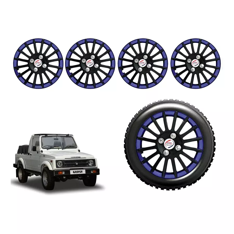Auto Pearl cBB23_R Press Type Car Wheel Cover with Retention Ring 381 mm(15 Inch) Glossy Black, Blue for Maruti Gypsy King (Set of 4)