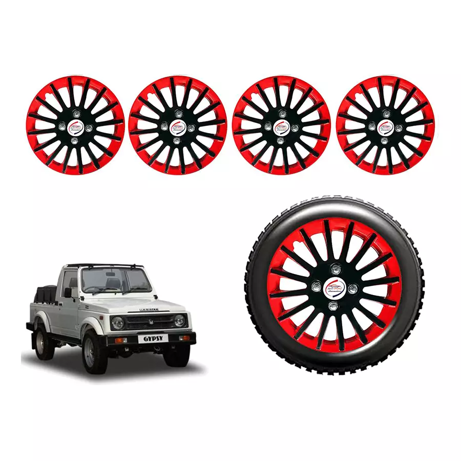 Auto Pearl cBR23_R Press Type Car Wheel Cover with Retention Ring 381 mm(15 Inch) Glossy Black, Red for Maruti Gypsy King (Set of 4)