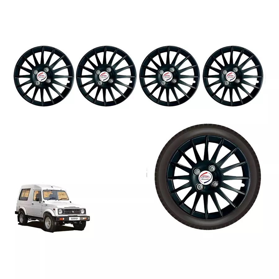 Auto Pearl BK23_R Press Type Car Wheel Cover with Retention Ring 381 mm(15 Inch) Glossy Black for Maruti Gypsy King (Set of 4)