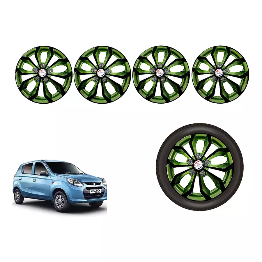 Auto Pearl BlkGn03_R Press Type Car Wheel Cover with Retention Ring 304.8 mm (12 Inch) Glossy Black, Green for Maruti Alto 800 STD (Set of 4)