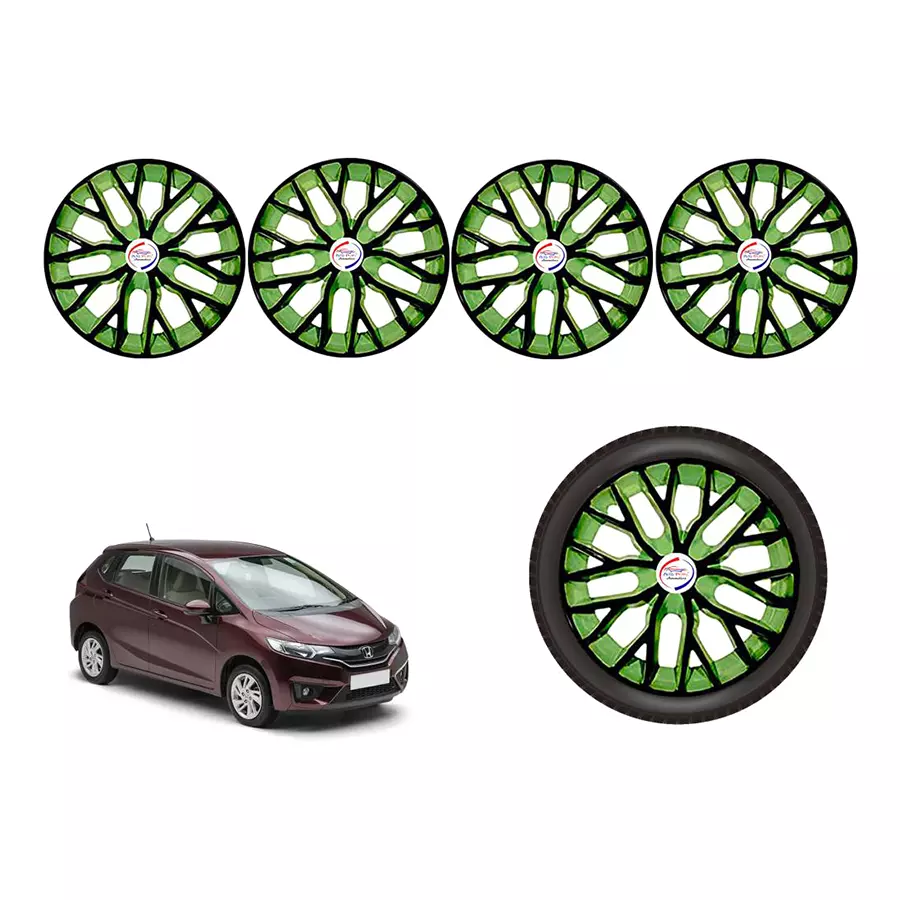 Auto Pearl BlkGn30_R Press Type Car Wheel Cover with Retention Ring 355.6 mm(14 Inch) Glossy Black, Green for Honda Jazz 1.5 E i DTEC (Set of 4)
