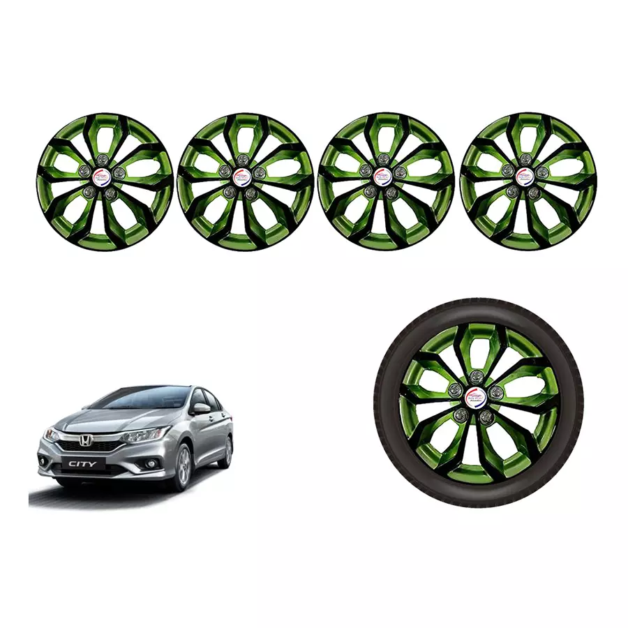 Auto Pearl BlkGn09_R Press Type Car Wheel Cover with Retention Ring 381 mm(15 Inch) Glossy Black, Green for Honda City i DTec E (Set of 4)
