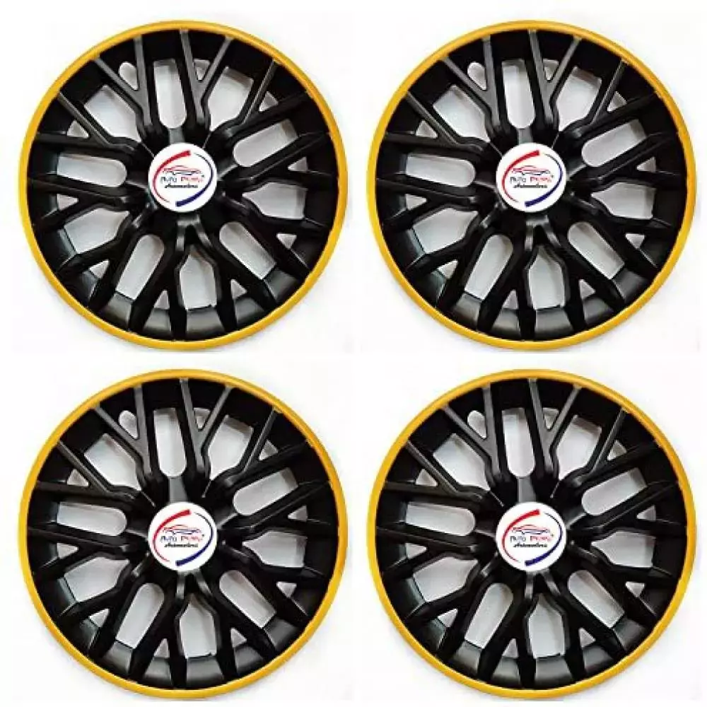 Auto Pearl gBY17 R14 35.56 cm (14 Inch) Press Type Wheel Hubcap with Retention Ring Glossy GTR Black Yellow Wheel Cover for Maruti Swift Dzire (Set of 4)