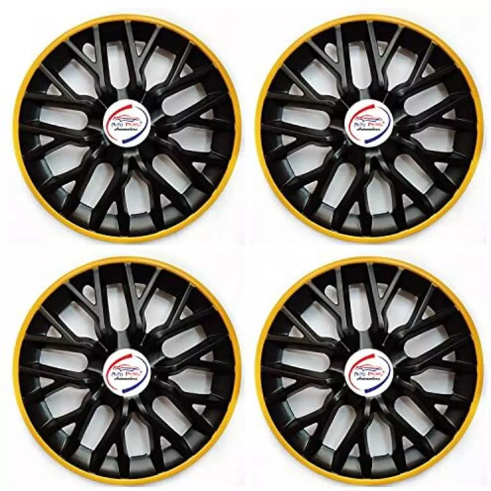 Auto Pearl gBY17 R14 35.56 cm (14 Inch) Press Type Wheel Hubcap with Retention Ring Glossy GTR Black Yellow Wheel Cover for Maruti Swift Dzire (Set of 4)