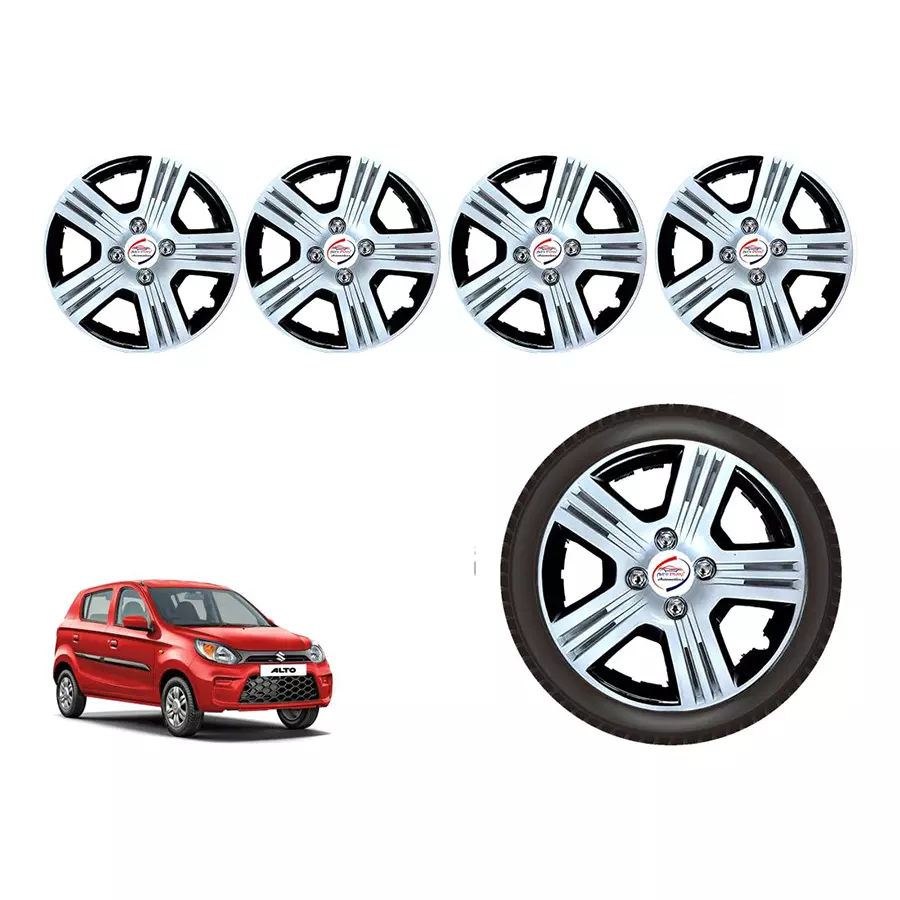 Auto Pearl iBlk06_R Press Type Car Wheel Cover with Retention Ring 304.8 mm (12 Inch) Glossy Silver, Black for Maruti Alto 800 STD (Set of 4)