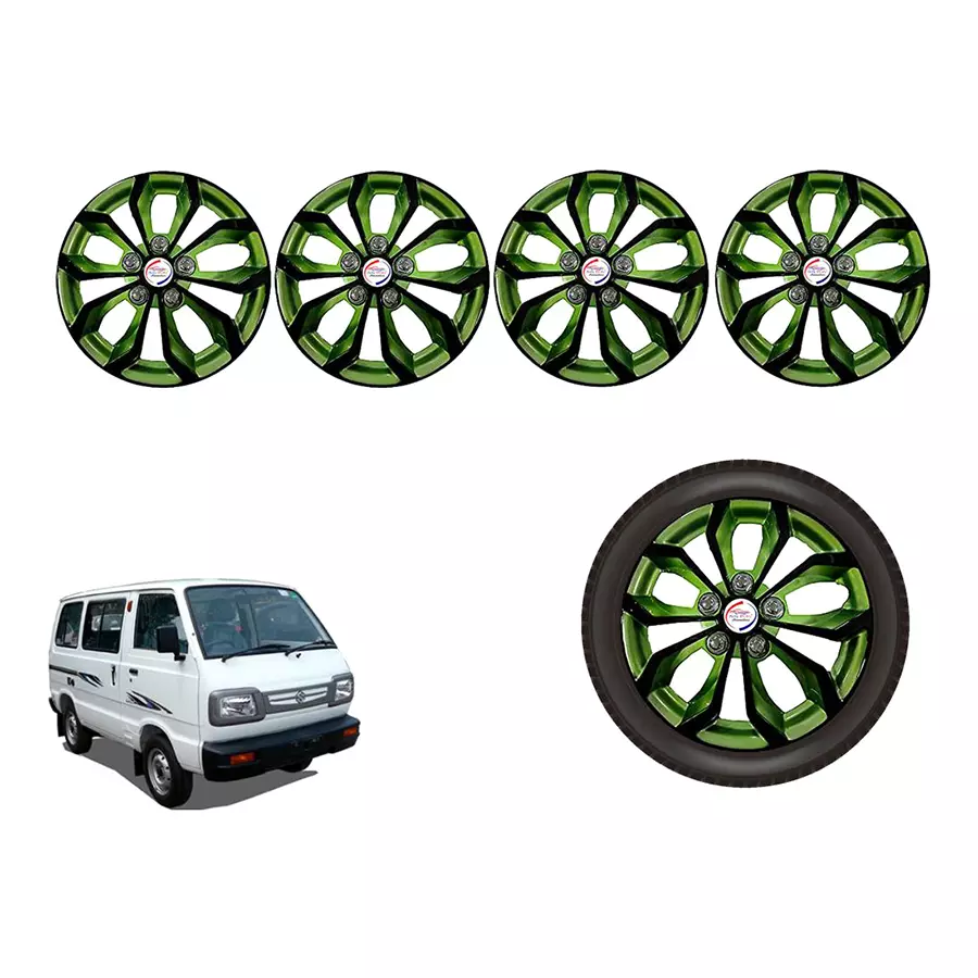 Auto Pearl BlkGn07_R Press Type Car Wheel Cover with Retention Ring 304.8 mm (12 Inch) Glossy Black, Green for Maruti Omni (Set of 4)