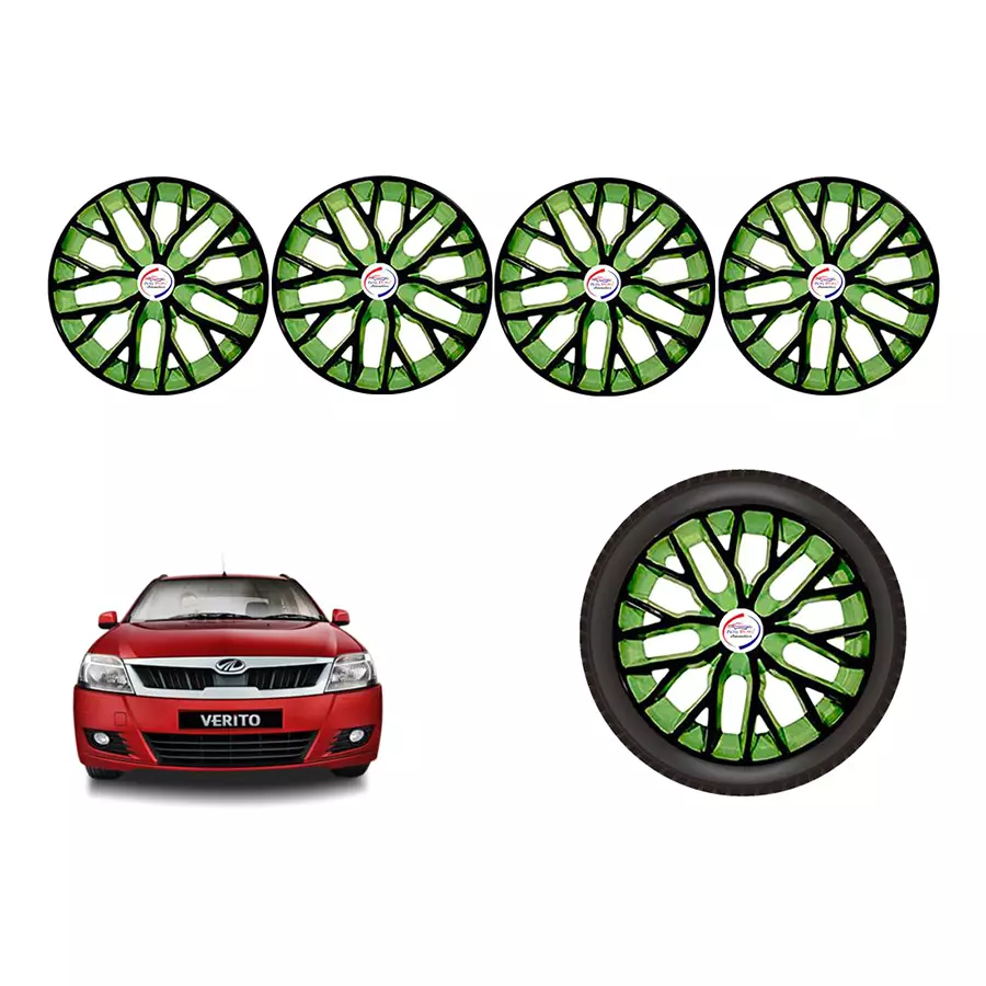 Auto Pearl BlkGn52_R Press Type Car Wheel Cover with Retention Ring 35.56 cm (14 Inch) Glossy Black, Green for Mahindra Verito (Set of 4)