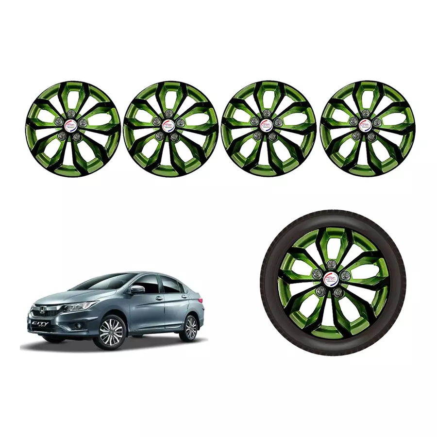 Auto Pearl BlkGn08_R Press Type Car Wheel Cover with Retention Ring 381 mm(15 Inch) Glossy Black, Green for Honda City (Set of 4)