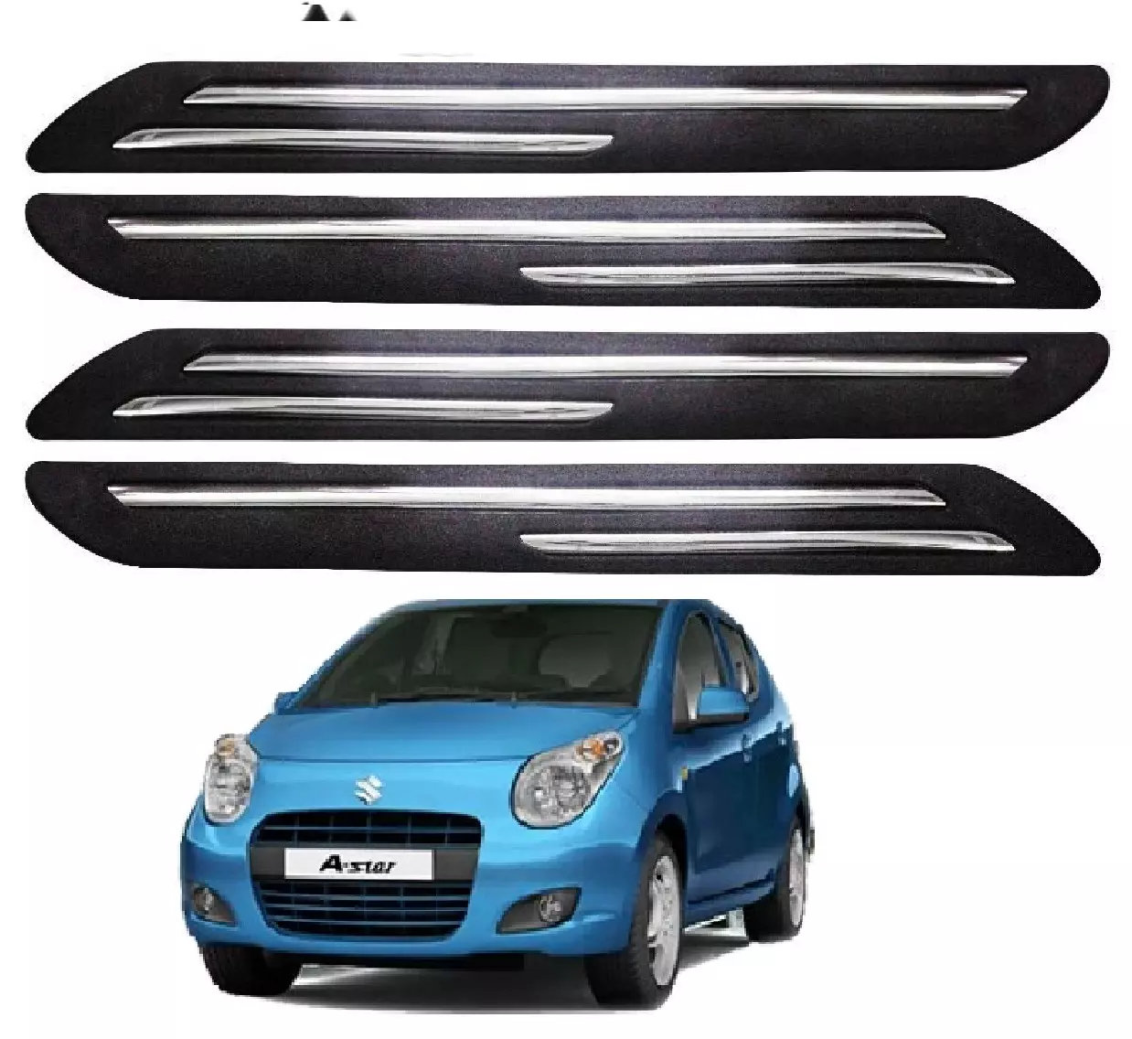 SCA Rubber Car Side Bumper Protector Guard with Double Chrome Strip for Maruti Suzuki Astar All Model Black (Set of 4)