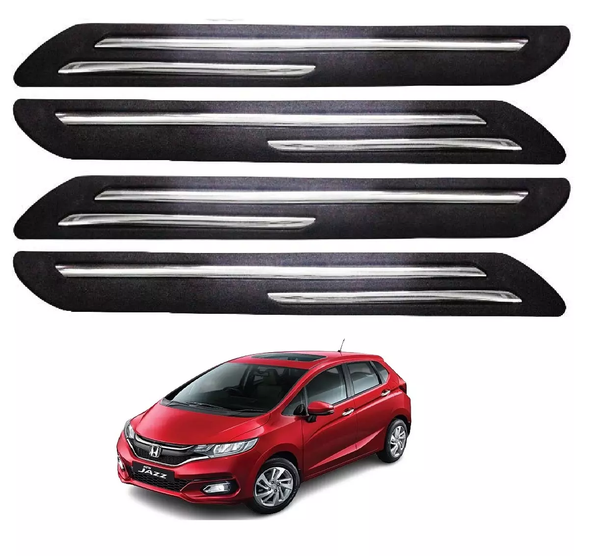 SCA Rubber Car Side Bumper Protector Guard with Double Chrome Strip for Honda Jazz New Model Black (Set of 4)