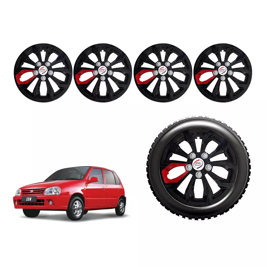 Auto Pearl B-Rst01_R Press Type Car Wheel Cover with Retention Ring 304.8 mm (12 Inch) Glossy Black, Red for Maruti Zen (Set of 4)