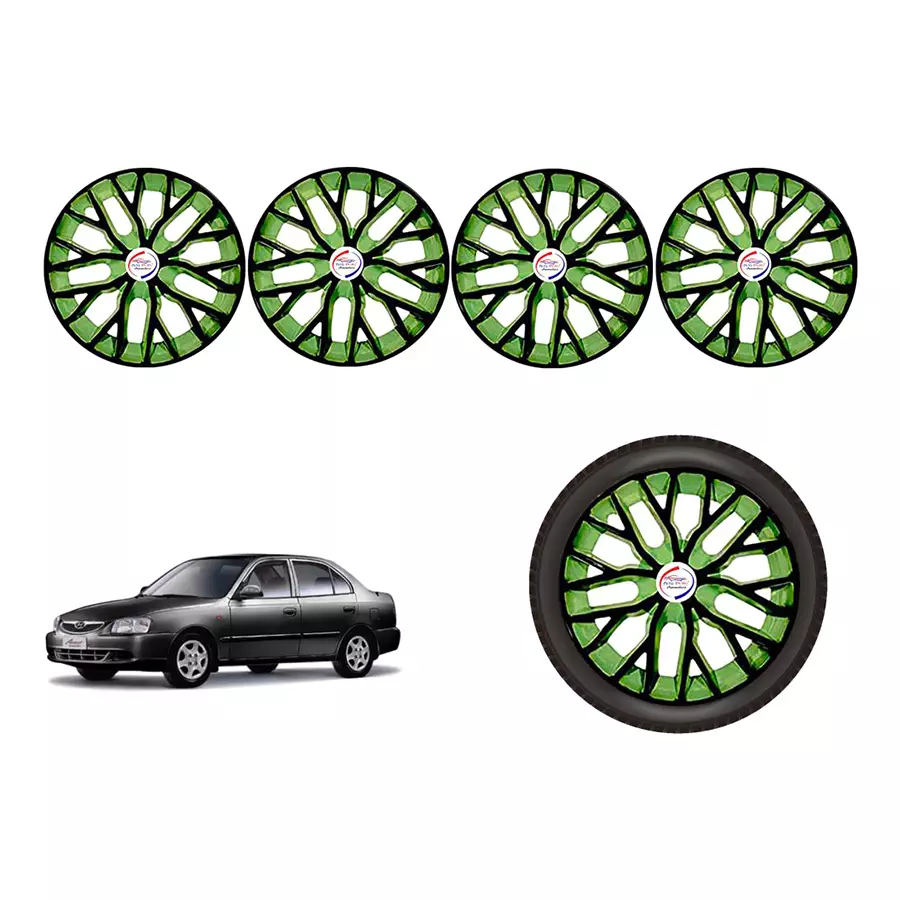 Auto Pearl BlkGn01_R Press Type Car Wheel Cover with Retention Ring 35.56 cm (14 Inch) Glossy Black, Green for Accent (Set of 4)