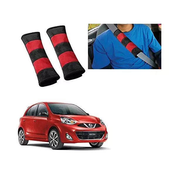 Auto Pearl Seat Belt Cushion (Pack of 2, Black, Red) Compatible for Nissan Micra 2015