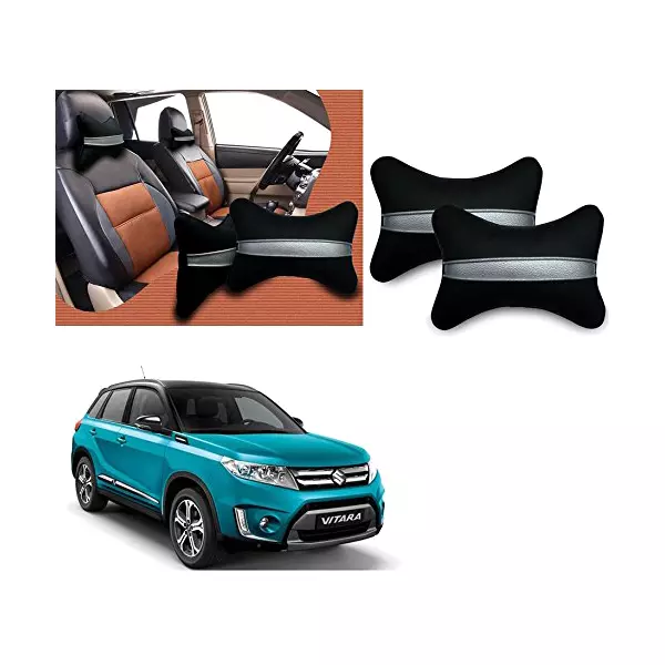 Auto Pearl Black Silver Strip Car Neck Cushion/Neck Pillow Compatible for Maruti Suzuki Grand Vitara