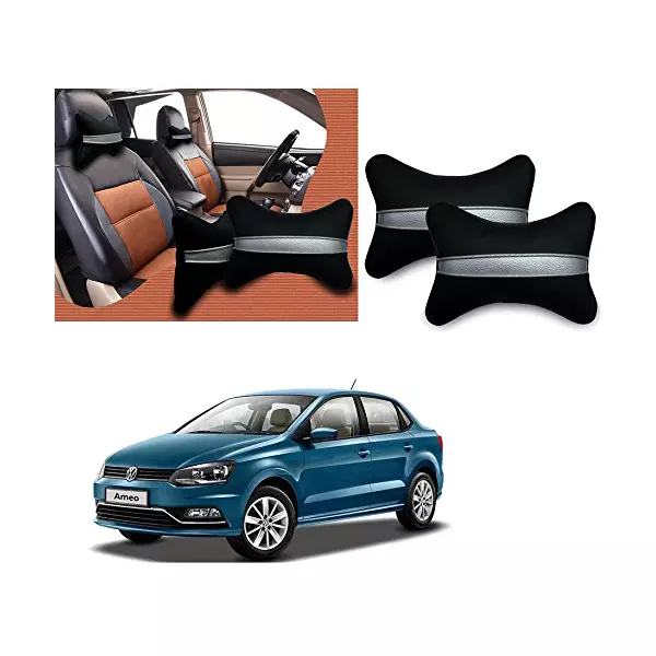 Auto Pearl Black Silver Strip Car Neck Cushion/Neck Pillow Compatible with Volkswagen Ameo