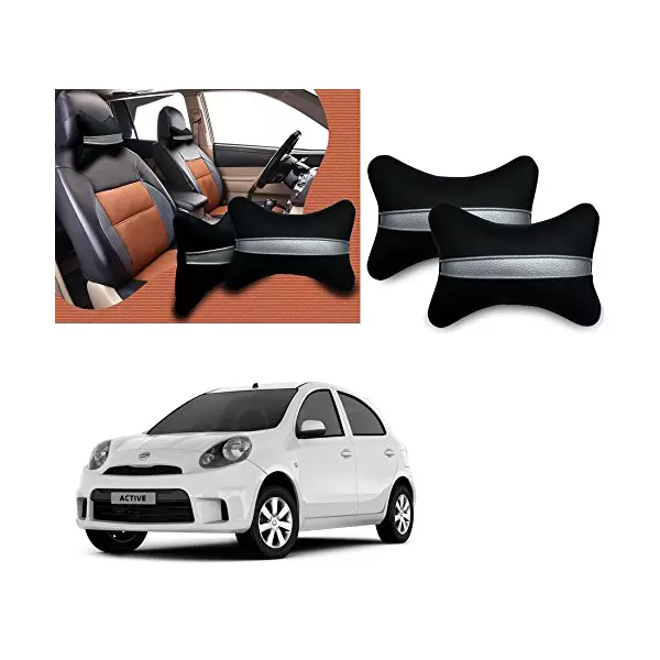 Auto Pearl Black Silver Strip Car Neck Cushion/Neck Pillow Compatible with Nissan Micra Active
