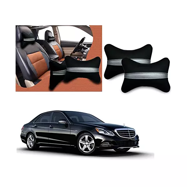 Auto Pearl Black Silver Strip Car Neck Cushion/Neck Pillow Compatible with Mercedes Benz E Class