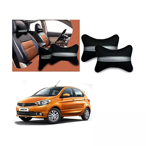Auto Pearl Black Silver Strip Car Neck Cushion/Neck Pillow Compatible with Tata Zica