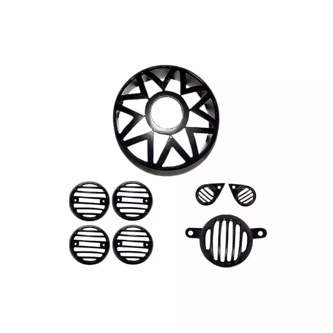 AllExtreme EXHGRE8 Black Grill Cover Set with Tail Lamp, Indicator, Pivot Eyes Cup Compatible Royal Enfield, 8 pc