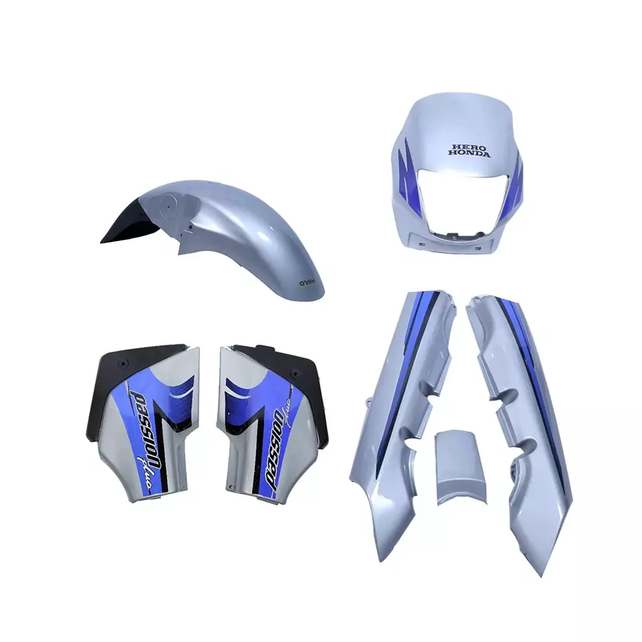 Yatos Bike Accessories Parts Hero Passion Plus AW Silver & Blue Visor, Mudguard, Side Panel & Tail Panel, YFBK532