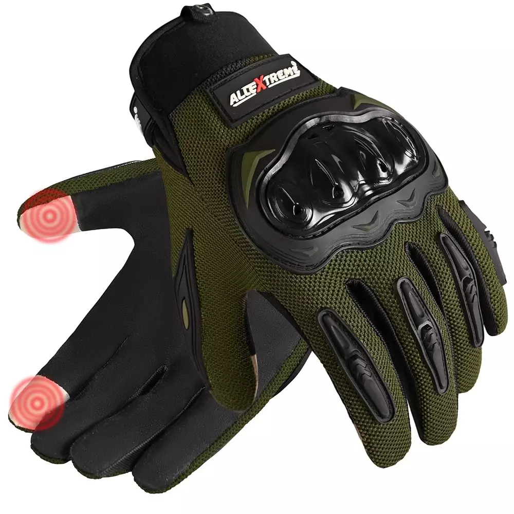 AllExtreme Full Finger Bike Riding Gloves with Screen Touch Strong Knuckle TPU Palm Slider For Impact Safety Suede Fabric Black & Green Size XL