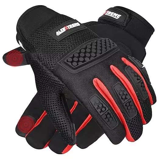 AllExtreme Full Finger Bike Riding Gloves with Strong Knuckle Protective Shells Anti-Skid Surface Suede Fabric Black & Red Size XXL