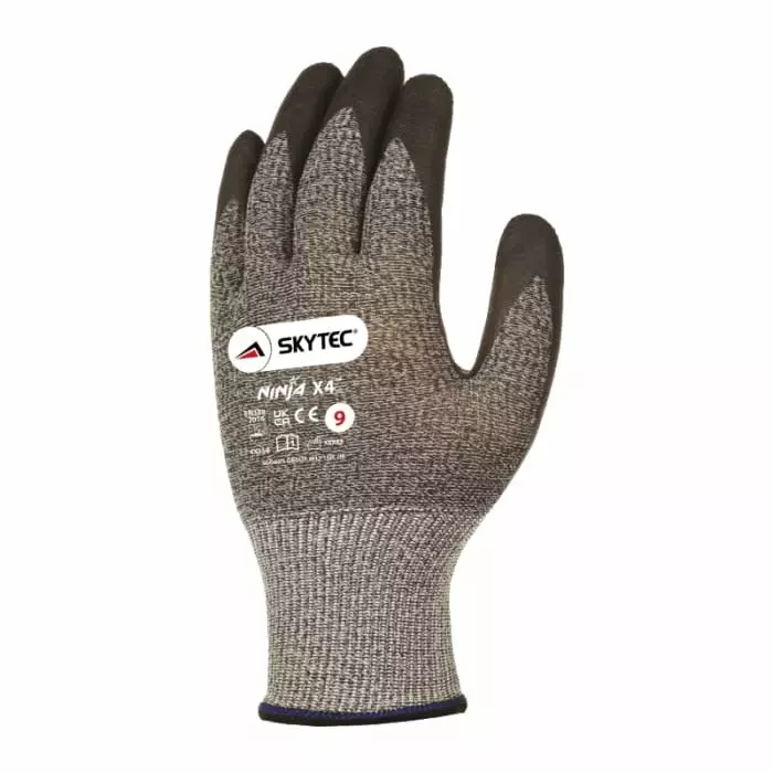 Skytec Skytec Ninja X4 Black Grey Glass Fibre Nylon Cut Resistant Work Gloves Size 9 Bi-Polymer Coating, NINJAX4-L