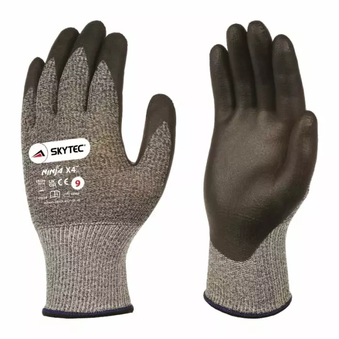 Skytec Skytec Ninja X4 Black Grey Glass Fibre Nylon Cut Resistant Work Gloves Size 9 Bi-Polymer Coating, NINJAX4-L