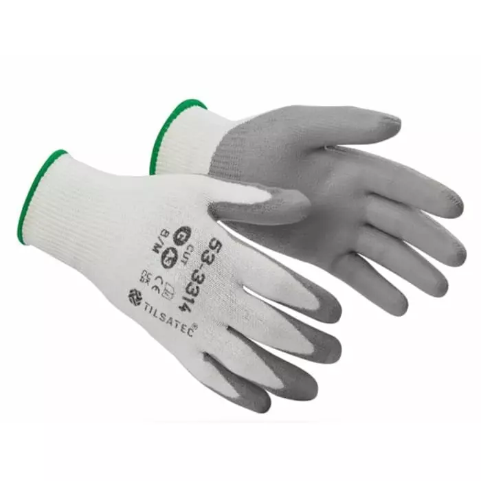 Tilsatec 53-3314 White/Grey Yarn Cut Resistant Work Gloves Size 9 Polyurethane Coating, 53-3314/09