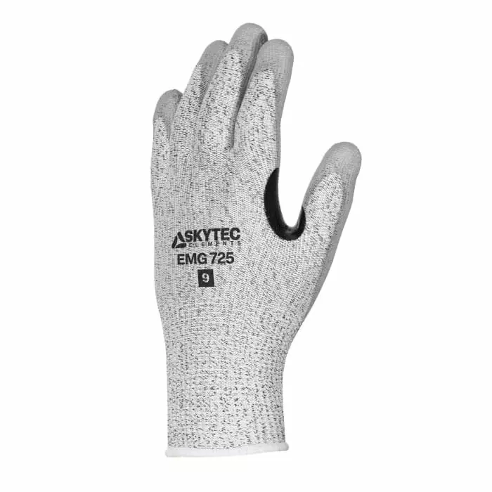 Skytec Elements EMG 725 Black Grey 13 Gauge HPPE Nylon Cut Resistant Work Gloves Size 11 XXL Polyurethane Coating, EMG00725FL