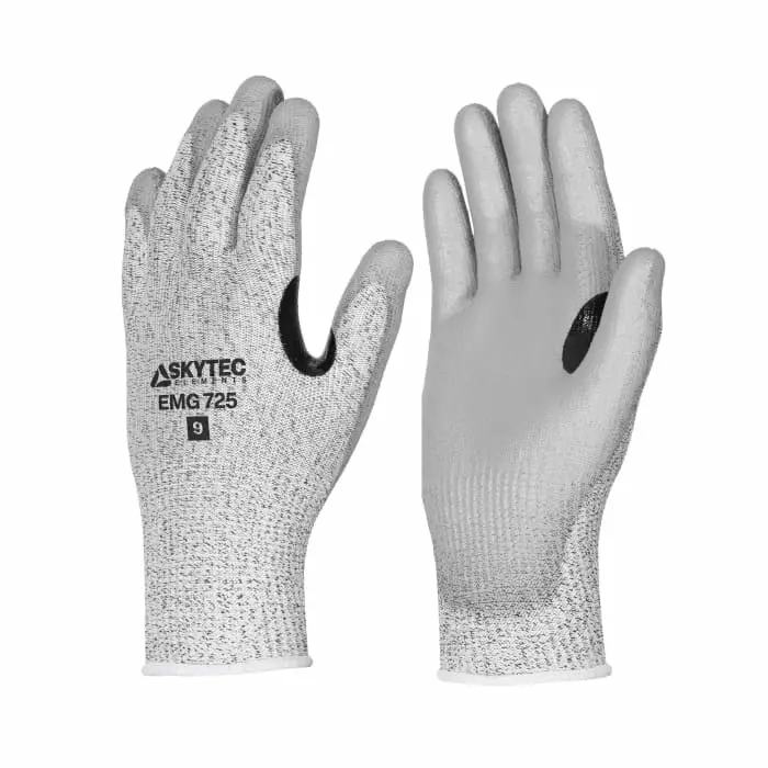 Skytec Elements EMG 725 Black Grey 13 Gauge HPPE Nylon Cut Resistant Work Gloves Size 11 XXL Polyurethane Coating, EMG00725FL