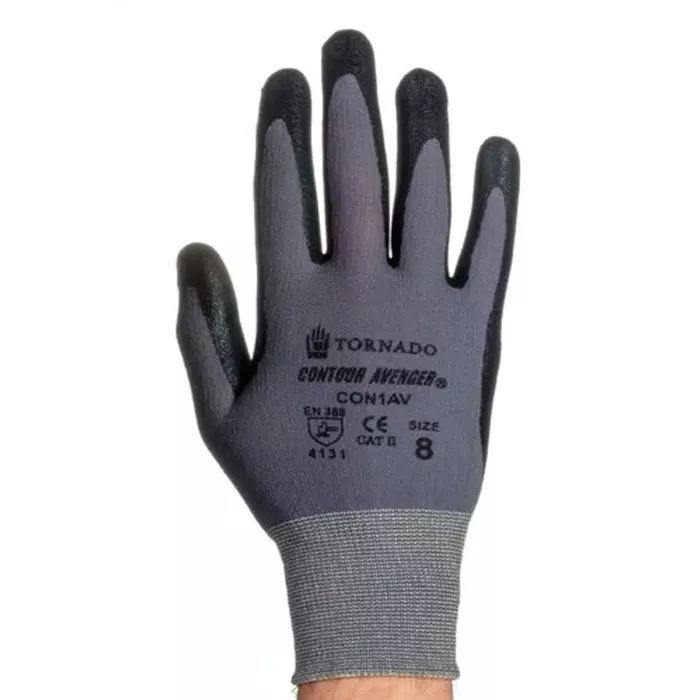 Tornado Contour Avenger Black Grey Nylon Abrasion Resistant Work Gloves Size 8 Polymer Coating, CON1AV-08
