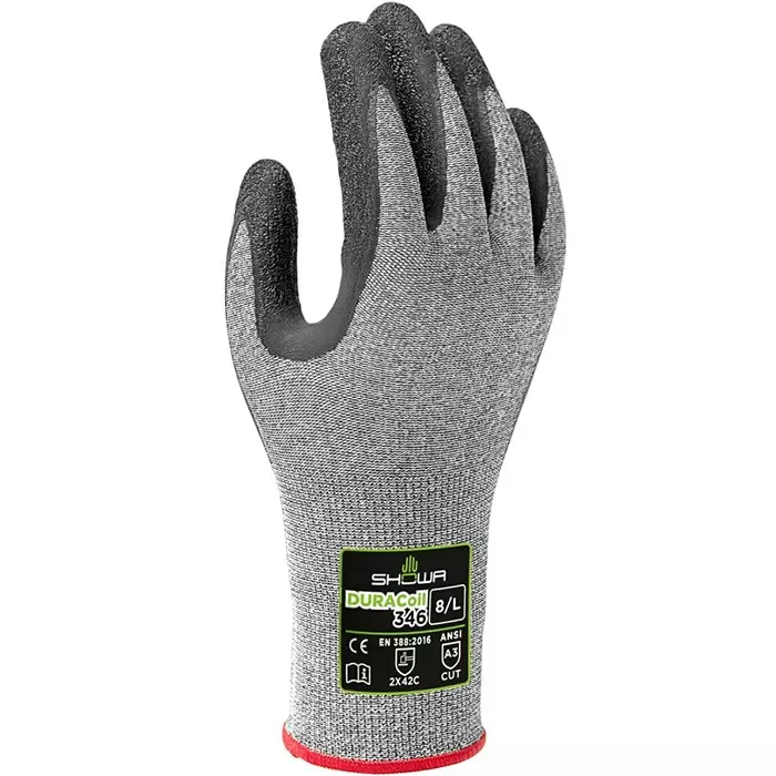 Showa Duracoil Grey HPPE Polyester Cut Resistant Work Gloves Size 9 Latex Foam Coating, SHO3464