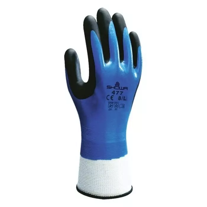 Showa 477 Blue Nylon Polyester Cold Resistant Work Gloves Size 8 Nitrile Foam Coating, SHO4773