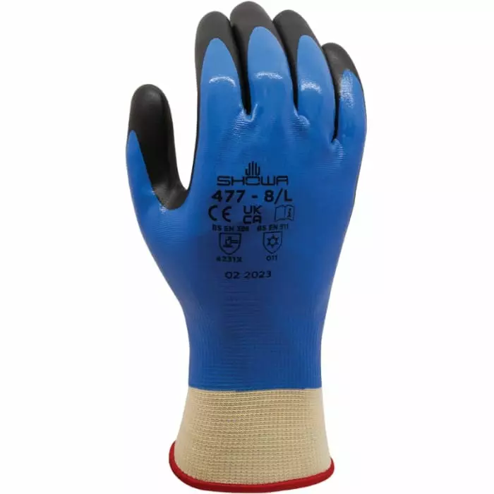 Showa 477 Blue Nylon Polyester Cold Resistant Work Gloves Size 8 Nitrile Foam Coating, SHO4773