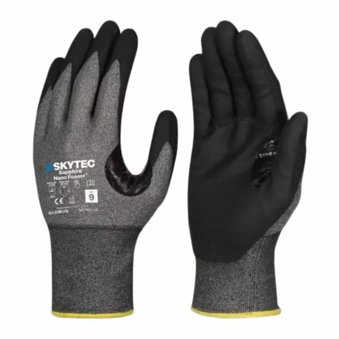 Skytec SAPPHIRE NANO FOAM+ Black Grey HPPE Nylon Tungsten Cut Resistant Work Gloves Size M Foam Nitrile Coating, SKG00079FF