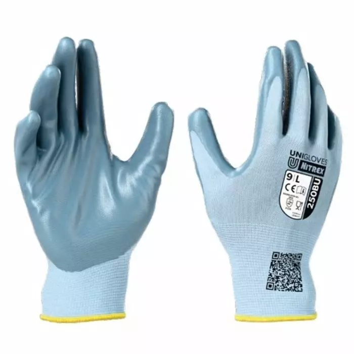 Unigloves Nitrex 250BU Blue Polyester Food Industry Work Gloves Size 9 Nitrile Coating, 250BU-09