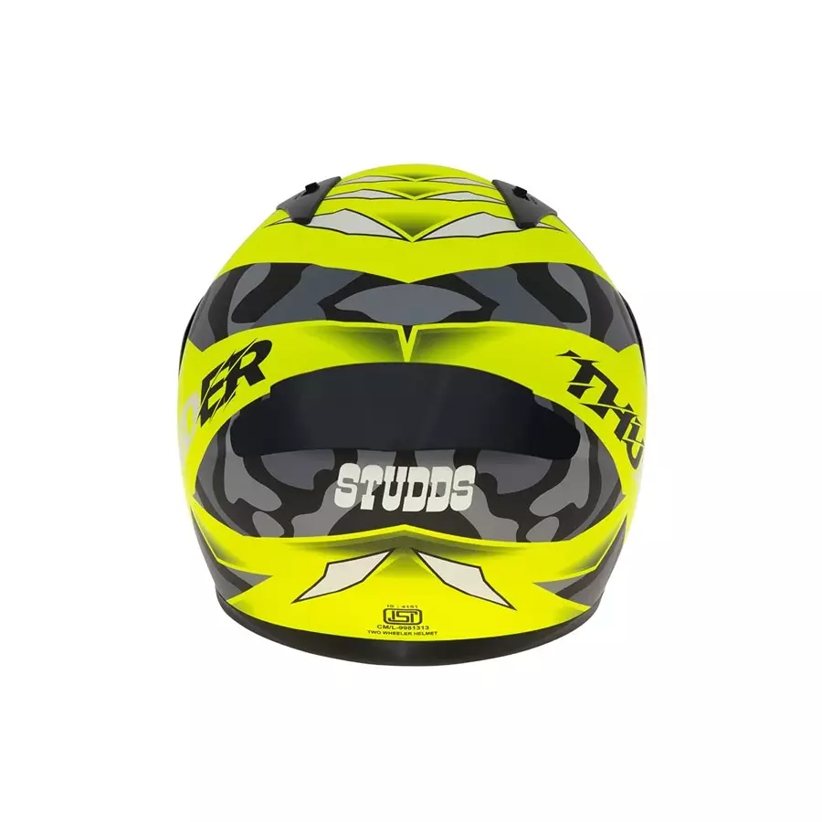 Studds N9 Matt Neon Yellow Xtra Large (600 mm) Full Face Helmet, Thunder D7 Decor