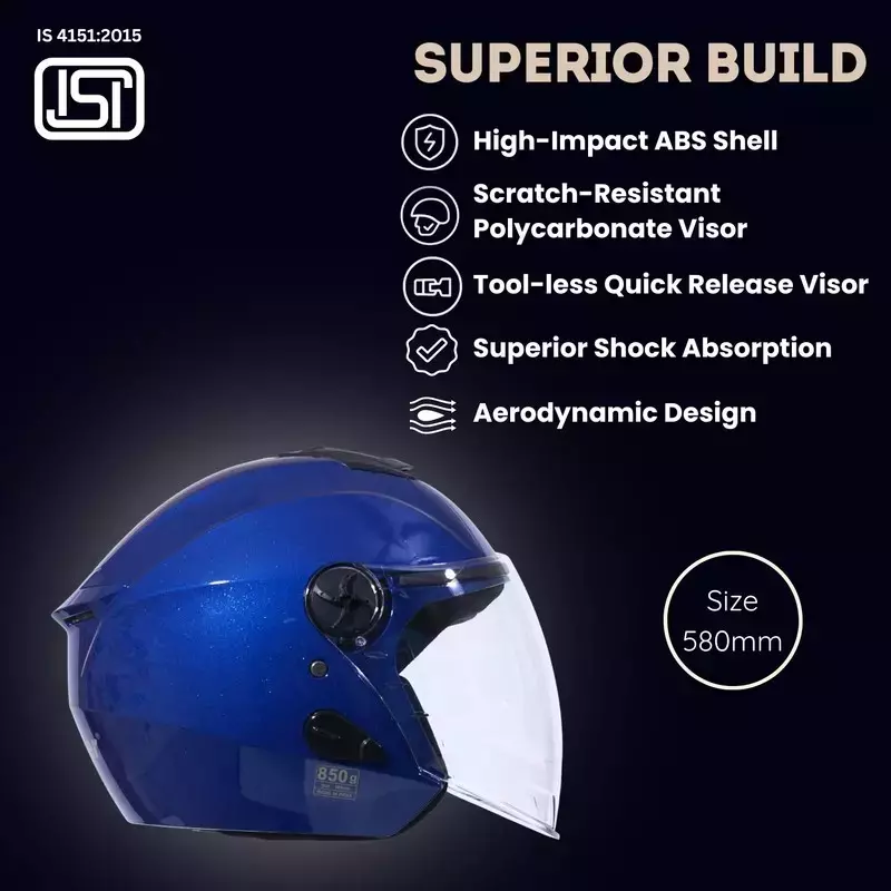 HIKER by VARROC Flash Pro Half Face Helmet for Men & Women 580 mm S Size Gloss Blue ISI Certified, Lightweight, Polycarbonate Visor for Clear Visibility (Pack of 4)