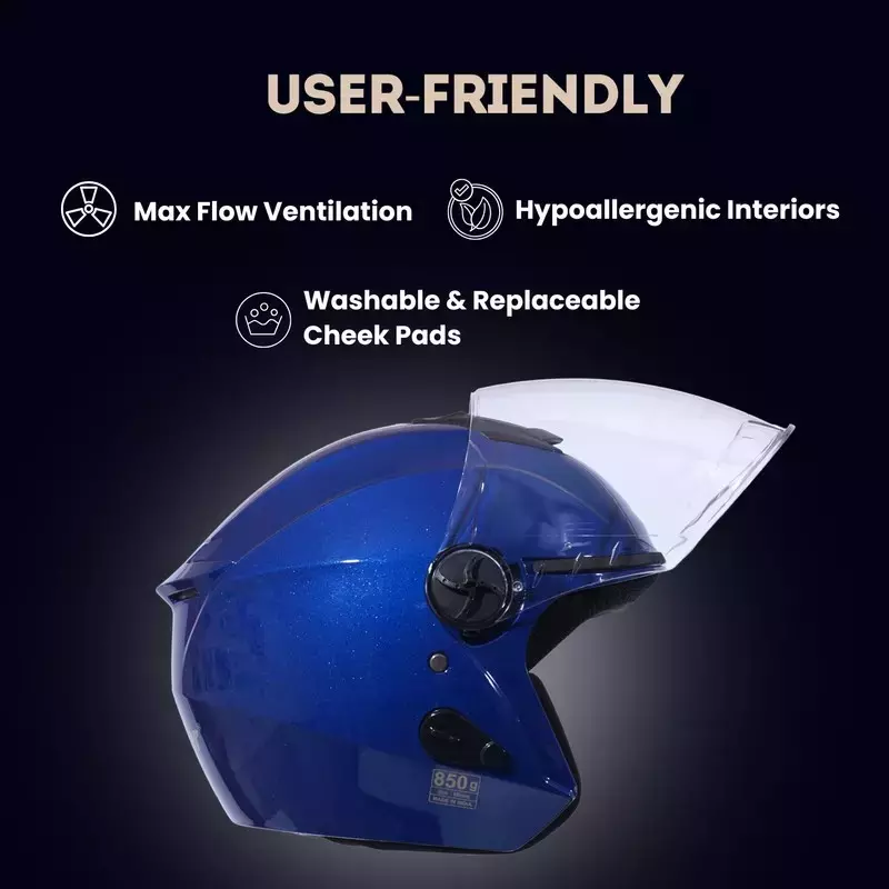 HIKER by VARROC Flash Pro Half Face Helmet for Men & Women 580 mm S Size Gloss Blue ISI Certified, Lightweight, Polycarbonate Visor for Clear Visibility (Pack of 4)