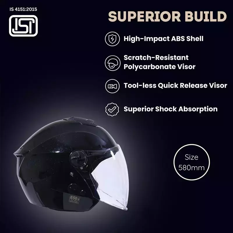 HIKER by VARROC Flash Pro Half Face Helmet for Men & Women 580 mm S Size Gloss Black ISI Certified, Lightweight, Polycarbonate Visor for Clear Visibility (Pack of 4)
