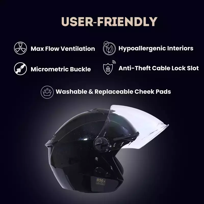 HIKER by VARROC Flash Pro Half Face Helmet for Men & Women 580 mm S Size Gloss Black ISI Certified, Lightweight, Polycarbonate Visor for Clear Visibility (Pack of 4)