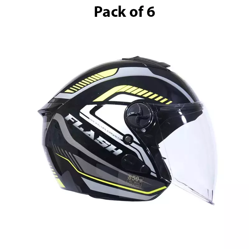 HIKER by VARROC Flash Pro Max HD2 Half Face Helmet for Men & Women 580 mm S Size Gloss Black and Yellow ISI Certified, Lightweight, Polycarbonate Glass for Clear Visibility (Pack of 10)