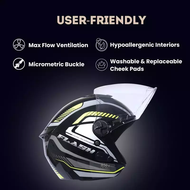 HIKER by VARROC Flash Pro Max HD2 Half Face Helmet for Men & Women 580 mm S Size Gloss Black and Yellow ISI Certified, Lightweight, Polycarbonate Glass for Clear Visibility (Pack of 10)