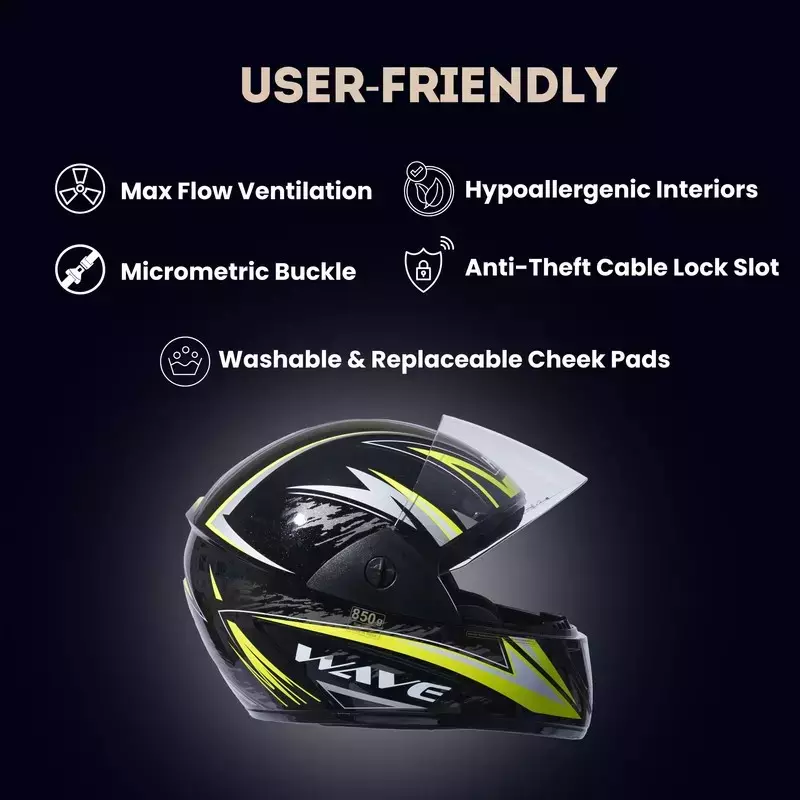 HIKER by VARROC Wave Pro Max HD2 Full Face Helmet for Men & Women 580 mm S Size Gloss Black and Yellow ISI Certified Flip-Up, Lightweight, Polycarbonate Visor for Clear Visibility (Pack of 4)