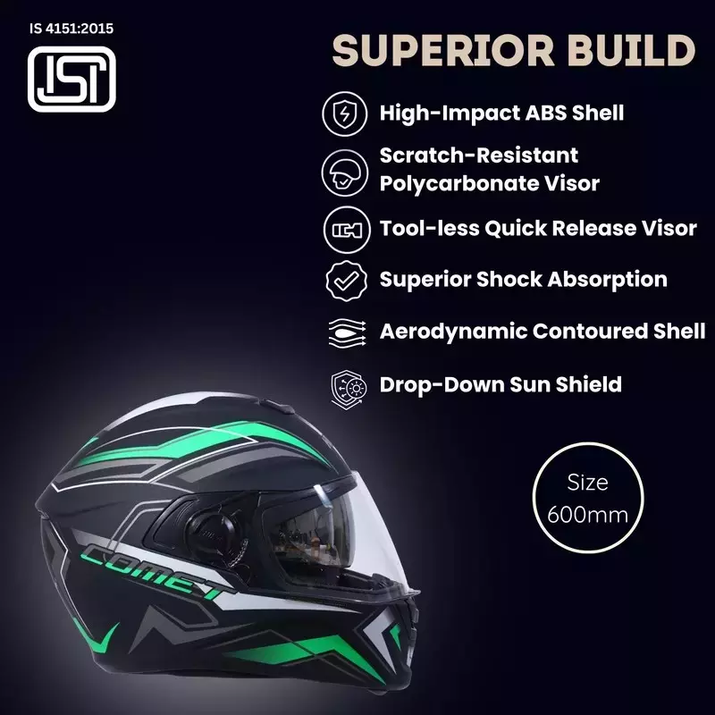HIKER by VARROC Comet Pro Max HD5 Full Face Helmet for Men & Women 580 mm S Size Matt Black and Green ISI Certified, Lightweight, Polycarbonate Visor for Clear Visibility (Pack of 4)