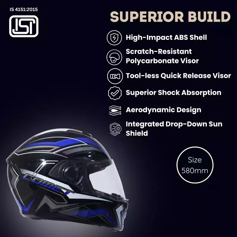 HIKER by VARROC Comet Pro Max HD4 Full Face Helmet for Men & Women 600 mm L Size Gloss Black and Blue ISI Certified Flip-Up, Lightweight, Polycarbonate Visor for Clear Visibility (Pack of 10)
