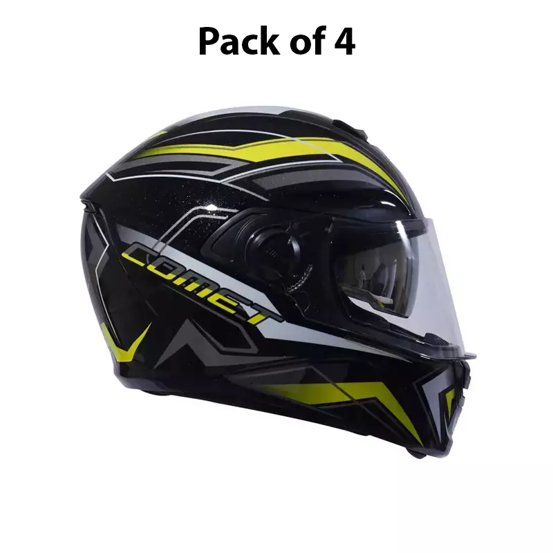 HIKER by VARROC Comet Pro Max HD2 Full Face Helmet for Men & Women 600 mm L Size Gloss Black and Yellow ISI Certified Flip-Up, Lightweight, Polycarbonate Visor for Clear Visibility (Pack of 4)