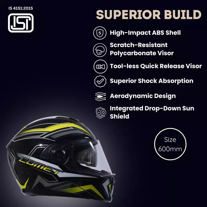 HIKER by VARROC Comet Pro Max HD2 Full Face Helmet for Men & Women 600 mm L Size Gloss Black and Yellow ISI Certified Flip-Up, Lightweight, Polycarbonate Visor for Clear Visibility (Pack of 4)