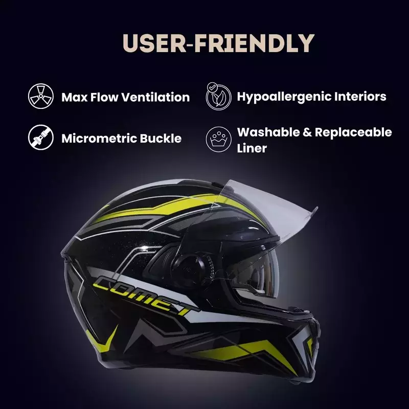 HIKER by VARROC Comet Pro Max HD2 Full Face Helmet for Men & Women 600 mm L Size Gloss Black and Yellow ISI Certified Flip-Up, Lightweight, Polycarbonate Visor for Clear Visibility (Pack of 4)